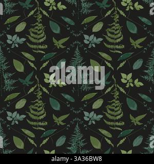 Nahtloses Muster mit trockenen Kräutern und Blättern auf schwarzem Hintergrund. Tapete für wilde Felder und Waldpflanzen. Boho-botanische Textur Stock Vektor