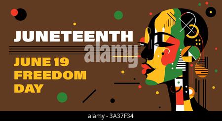 Horizontales Banner der jugendlichen Feier in Gelb und Schwarz mit abstraktem Gesicht der afroamerikanischen Frau. „Freiheit, Einheit und Erbe“-Symbol. Emanzipation Day Awareness. Juni 1865 Stock Vektor