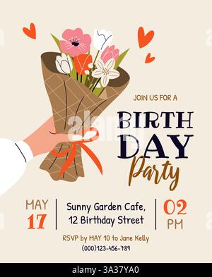 Einladung zur Geburtstagsfeier. Vertikale Vorlage. Stock Vektor