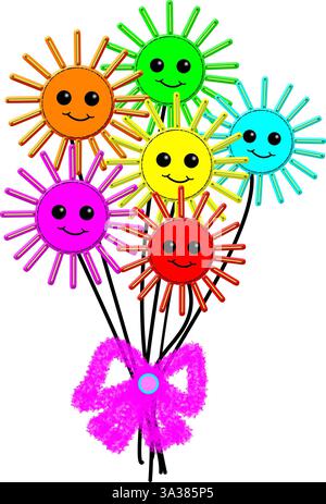 Entzückender, süßer Blumenstrauß von Sonnenblume Gesicht grün, orange, rot, gelb, blau, rosa, grüne Blumenstrauß mit rosa Schleife Clipart. Stockfoto