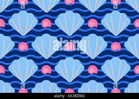 Nahtloses Muster mit handgezeichneten Muscheln im trendigen flachen Stil. Tropische Strandschalen. Nahtloses Sommermuster. Vektorabbildung Stock Vektor