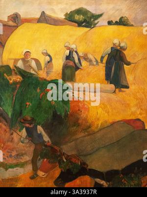Paul Gauguin Gemälde: Gauguin, die Haystacks, 1889; Bretagne, Frankreich; 1800er Jahre postimpressionistische Malerei von Frauen, die auf dem Feld arbeiten. Öl auf Leinwand Stockfoto