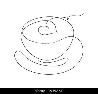 Kaffeetasse auf einer Untertasse, Herzmuster des Kaffees, eine durchgehende Linie. Herstellung von Kaffeegetränken, Tee, Cappuccino, Latte im Stil von Line Art. Romantischer Morgenkaffee. Stock Vektor