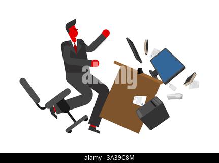 Wütender Manager wirft einen Tisch. Der wütende Regisseur dreht den Schreibtisch um. Konzept Burnout bei der Arbeit Stock Vektor