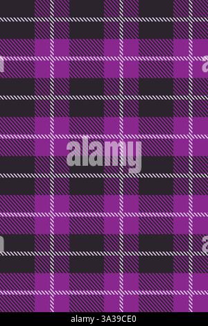Nahtloses Muster aus Schottland in Schwarz und Lila. Schottenkaro mit Stoffstruktur und Karomuster. Abstrakter geometrischer Hintergrund für Stoff, Stoff. Schwarzweiß Stock Vektor