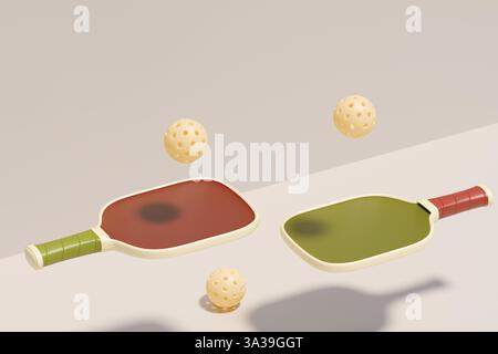 Zwei bunte Paddel und Bälle für ein Spiel, perfekt für eine lustige Urlaubsaktivität. 3D-Rendering Stockfoto