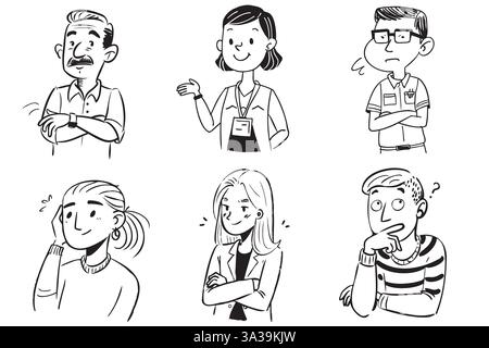 Ein Cartoon von sechs Personen mit unterschiedlichen Ausdrücken Stock Vektor