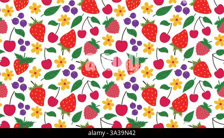 Obst nahtloses Muster, dekorative Tapete mit verschiedenen Sommerfrüchten, Erdbeere, Himbeere, Heidelbeere, Kirschen, kleine Blumen und Pflanzen Stock Vektor