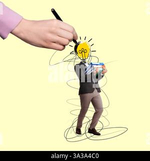 Kreatives Kunstwerk. Frau, die Glühbirne statt Männerkopf auf gelbem Hintergrund malte. Konzeptionelles Poster über Idee und Inspiration Stockfoto