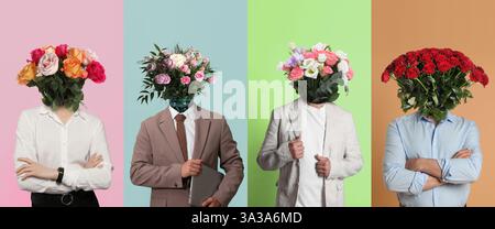 Kunstcollage. Menschen mit Blumensträußen statt Kopf auf bunten Hintergründen Stockfoto