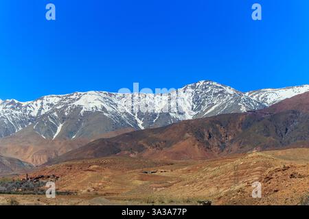 Schneebedecktes Atlasgebirge und Kiefernwald zwischen Marrakesch und Ouarzazate Stockfoto