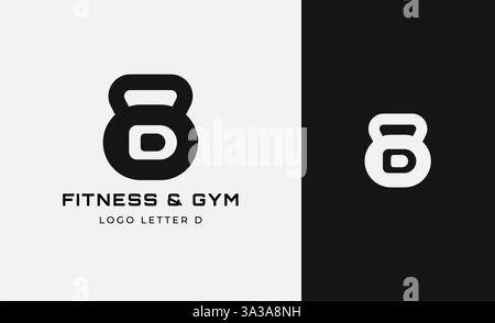 Logo Fitness Letter D mit Fitnessausstattung Konzept. Dumbble, Bumble, Kettlebell-Konzept. Fitness, Gesundheit, Bodybuilder Logo Design Vorlage. Stock Vektor