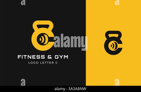 Logo Fitness Letter C mit Fitnessausstattung Konzept. Dumbble, Bumble, Kettlebell-Konzept. Fitness, Gesundheit, Bodybuilder Logo Design Vorlage. Stock Vektor