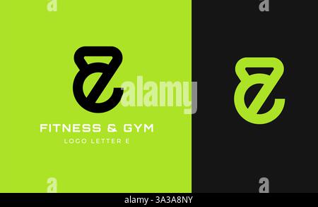 Logo Fitness Letter E mit Fitnessausstattung Konzept. Dumbble, Bumble, Kettlebell-Konzept. Fitness, Gesundheit, Bodybuilder Logo Design Vorlage. Stock Vektor