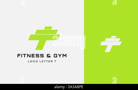 Logo Fitness Letter T mit Fitnessausstattung. Dumbble, Bumble, Kettlebell-Konzept. Fitness, Gesundheit, Bodybuilder Logo Design Vorlage. Stock Vektor