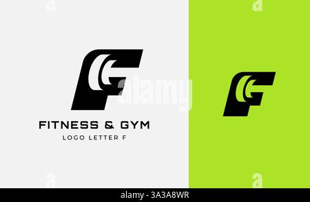 Logo Fitness Letter F mit Fitnessausstattung. Dumbble, Bumble, Kettlebell-Konzept. Fitness, Gesundheit, Bodybuilder Logo Design Vorlage. Stock Vektor