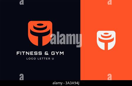 Logo Fitness Letter U mit Fitnessausstattung. Dumbble, Bumble, Kettlebell-Konzept. Fitness, Gesundheit, Bodybuilder Logo Design Vorlage. Stock Vektor