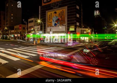 Nächtlicher Verkehr auf der Kaminarimon-dori Straße mit Lichtspuren in Asakusa, Tokio, Japan. Stockfoto