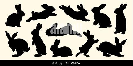 Eine Sammlung verspielter Hasen-Silhouetten in verschiedenen Posen, die ihre dynamische Energie und ihren Charme einfangen. Stock Vektor