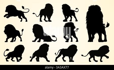 Silhouetten majestätischer Löwen in verschiedenen Posen, die Stärke, Dominanz und königliche Präsenz zeigen. Stock Vektor