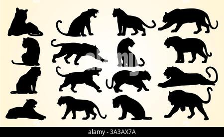 Silhouetten-Tiger-Set aus herumstreifenden, sitzenden und brüllenden Großkatzen, die Eleganz, Kraft und Agilität zeigen. Stock Vektor