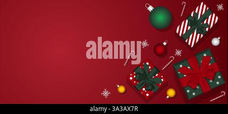 Festliche Weihnachtsgeschenke, Ornamente, Schneeflocken und Zuckerstangen auf rotem Hintergrund. Stock Vektor