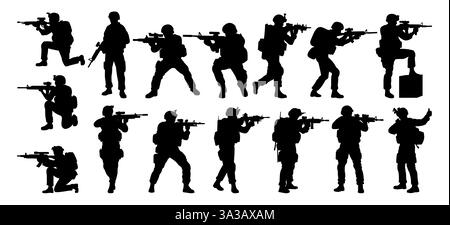 Silhouetten bewaffneter Soldaten in verschiedenen Kampfstellungen, bereit für taktische Aktionen. Stock Vektor