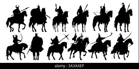 Silhouetten mittelalterlicher Krieger zu Pferd, bewaffnet mit verschiedenen Waffen wie Speeren, Schwertern und Bögen. Stock Vektor