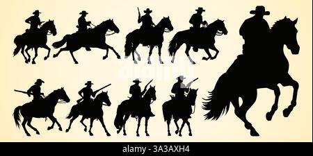 Silhouetten von Cowboys, die Pferde reiten und einige Gewehre halten, die Szenen des Wilden Westens in verschiedenen dynamischen Posen darstellen. Stock Vektor