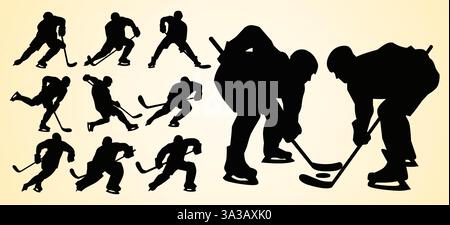 Eine Reihe schwarzer Figuren von Eishockeyspielern in verschiedenen dynamischen Posen, darunter Skaten, Schießen und ein gegenseitiges Spiel, um die Intensität und Action des Spiels festzuhalten. Stock Vektor