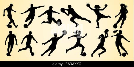 Silhouetten von Fußballspielern in verschiedenen aktiven Posen, darunter Treten, Dribbeln und Torhalten. Sowohl männliche als auch weibliche Athleten sind vertreten und zeigen dynamische Bewegungen. Stock Vektor