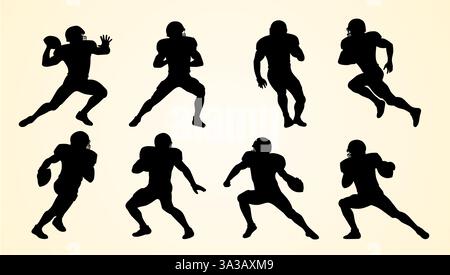 Silhouetten von American Football-Spielern in verschiedenen Actionpositionen, die Passieren, Laufen und Abwehrhaltung darstellen. Die Zahlen werden in dynamischer Bewegung dargestellt, die auf Leichtathletik und Strategie hinweisen. Stock Vektor