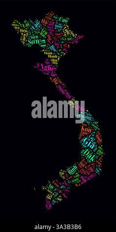 Vietnam Word Cloud. Regionale Namen des Landes in vietnamesischer Sprache. Helles Neondesign auf dunklem Hintergrund. Stock Vektor