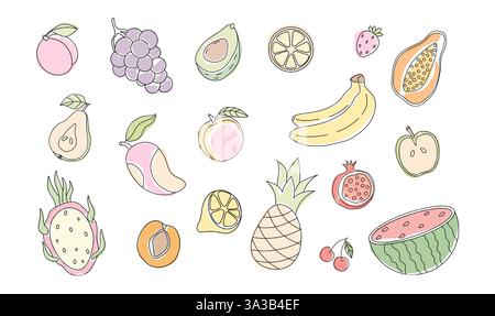 Farbenfrohe Auswahl an handgezeichneten Früchten und Beeren, die künstlerisch auf weißem Hintergrund angeordnet sind Stock Vektor