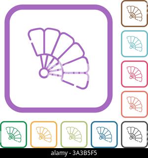 Faltbarer Handlüfter umrahmt einfache Symbole in farbigen, abgerundeten quadratischen Rahmen auf weißem Hintergrund Stock Vektor