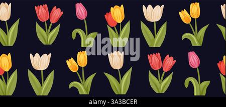 Rustikales Vektor-Muster mit bunten Tulpen auf dunklem Hintergrund. Frühlingshafte Textur mit flachen, handgezeichneten Blüten für Stoff und Tapeten Stock Vektor