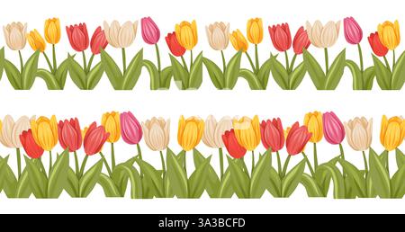 Vektorsatz des horizontalen Rahmens von bunten Tulpen des Frühlings, isoliert vom Hintergrund. Rustikale Borte mit flachen handgezeichneten blühenden Blumen. Blumenzaun Stock Vektor