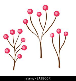 Set aus drei stilisierten Beerenzweigen mit rosa Beeren und braunen Stielen. Perfekt für saisonale Designs oder dekorative Elemente. Stock Vektor