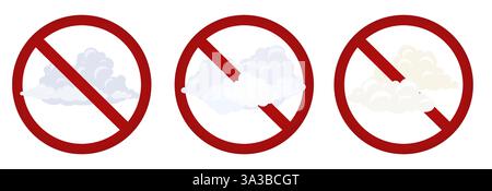Vektorsatz von Verbotszeichen mit Wolken. Sammlung mit Cumulus-Wolken im verbotenen Banner für Aufkleber. Gewittergefahr. Stock Vektor