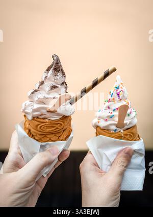 Zwei Hände halten fischförmige japanische Taiyaki-Eiskegel mit weichem Servierteller und Schokoladen- und Zuckerstreuseln, San Francisco Japantown Stockfoto