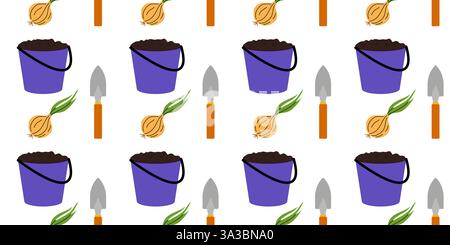 Gartenwerkzeuge und Gemüse auf weißem Hintergrund für kreative Designs Stock Vektor