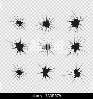 Riss-Shot Glas Icons Set, Silhouette lineare Risse und Brüche, gebrochenes Glas oder Eis, Vektorillustration abstrakte Muster Stock Vektor