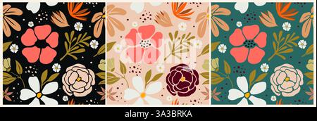 Set aus einfachen, farbenfrohen, nahtlosen Blumenmustern Stock Vektor
