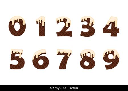 Chocolate Wafer Zahlen mit Crema. Zahlen, Abbildungen 0-9. Zahlen Kuchenaufsätze, Bildungskarten, Aufkleber, Typografie für Ihr Design. Stock Vektor