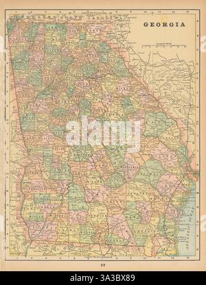 Georgia State Map in Countys. 1894 alte alte alte alte Karte im Vintage-Stil Stockfoto