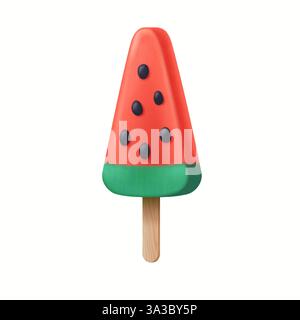 Illustration eines Eisstifts mit Wassermelonthemen in leuchtenden roten und grünen Farben sowie schwarzen Punkten, die an Samen auf einem sauberen weiß erinnern Stock Vektor