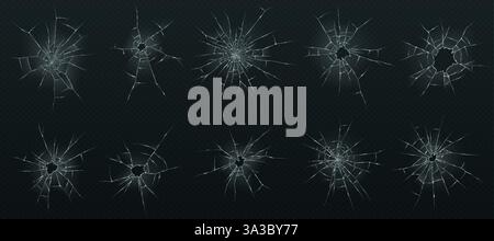 Zehn isolierte realistische Glassplittermuster auf transparentem Hintergrund. Risse strahlen von der Mitte mit scharfen Kanten aus, geeignet für Design und Dekora Stock Vektor