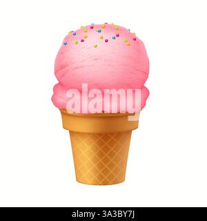 Illustration eines rosafarbenen Eislöffels mit bunten Streuseln in einem Waffelkegel vor weißem Hintergrund, das ein Gefühl von Sommerfreude weckt. Stock Vektor