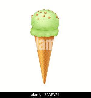 Köstliches Minzgrün Eislöffel auf einem klassischen Kegel mit knusprigen Nüssen. Perfekt für Sommer- und Dessertmotive. Stock Vektor