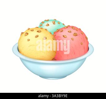 Abbildung: Drei bunte Eislöffel in einer pastellblauen Schüssel. Die Schaufeln sind mit kleinen knusprigen Nüssen belegt, die einen ansprechenden und ansprechenden Aufschlag bieten Stock Vektor